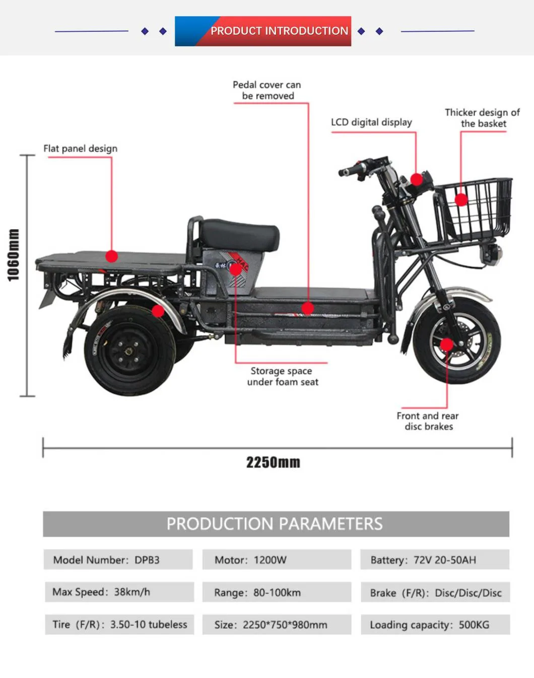 2021 New Fashion Popular Cheap Electric Tricycle with Big Loading